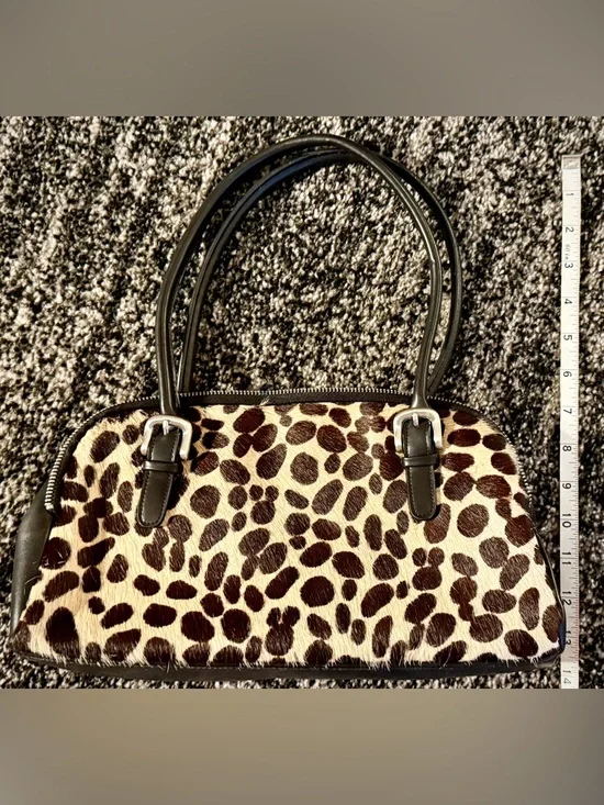 EXPRESS || Vintage Leopard Print Zip Handbag – Faux Fur Calf Hair Satchel - Picture 4 of 5
